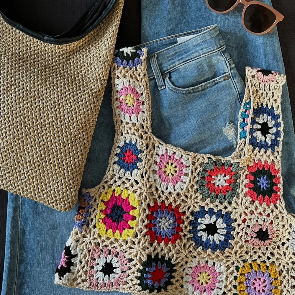 Korean Stylenanda Blue Long Sleeve Top with Multicolor Crochet Overlay